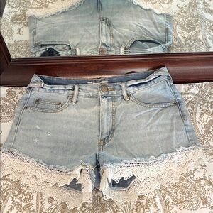Free People Denim Shorts with White Lace Hem